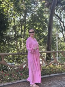 Viskon düz katleya elbise şeker pembe