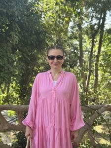 Viskon düz katleya elbise şeker pembe